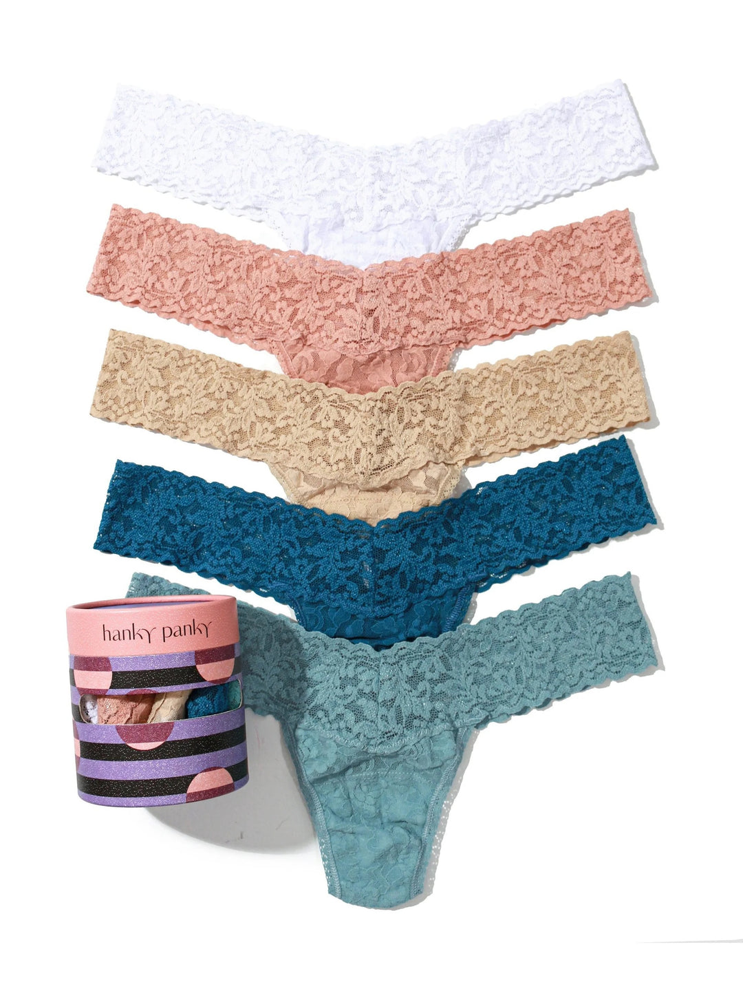 Hanky Panky 5-piece low-rise thong gift set featuring colorful lace thongs and matching packaging.