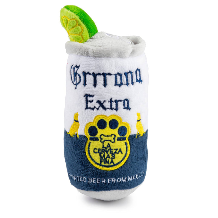 Haute Diggity Dog Grrrona Can Squeaker Dog Toy, soft plush gift for dogs resembling a beer can with squeaker inside.