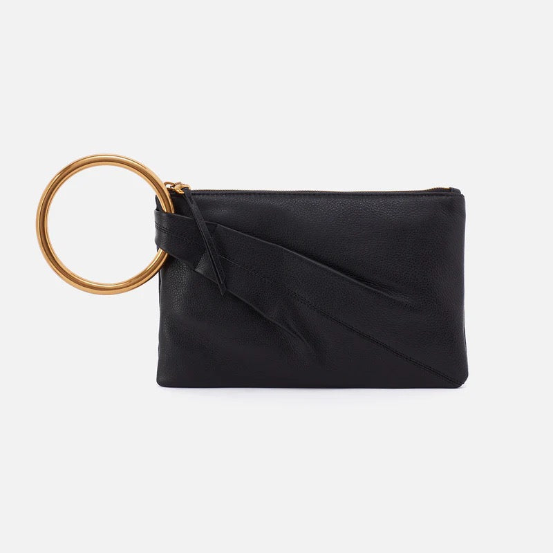 Hobo Bags Sheila Ring Clutch in black leather with ring detail, elegant accessories for evening or formal wear.