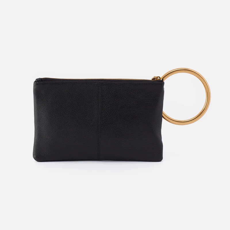 Black Sheila Ring Clutch by Hobo Bags, stylish accessories with a sleek design, featuring a ring detail and compact shape.