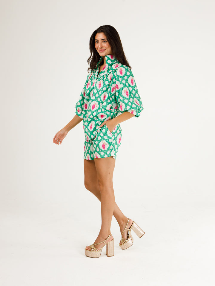 Holly Shae Taylor Motel Key short bottoms in pink fabric with a relaxed fit, laid flat for display.