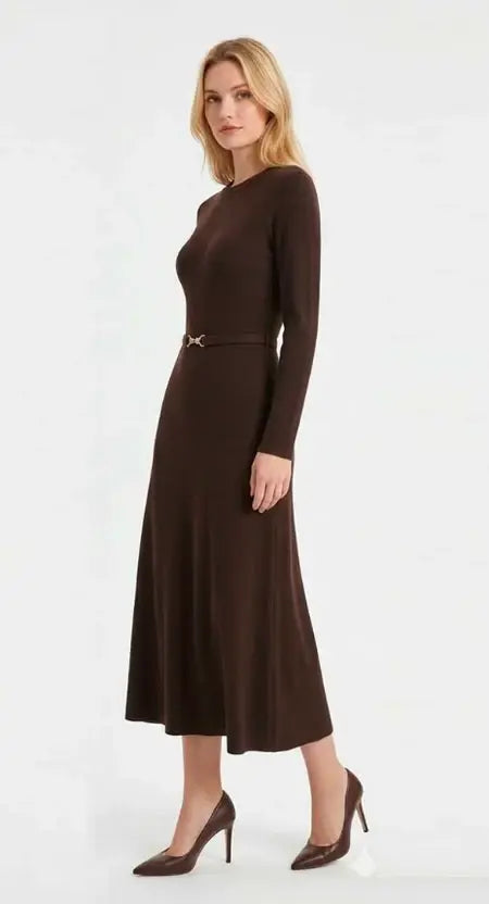 Flora Bea Oakland Buff Brown Dress displayed on a hanger, showcasing its elegant design and earthy tones.
