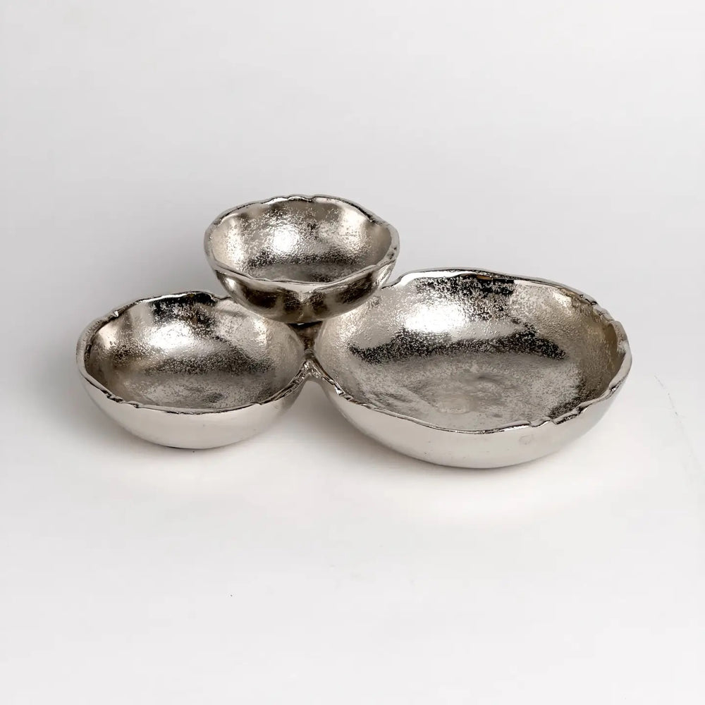 Textured 3-bowl dish from India Handicrafts, showcasing handcrafted ceramic bowls with intricate patterns for home decor.