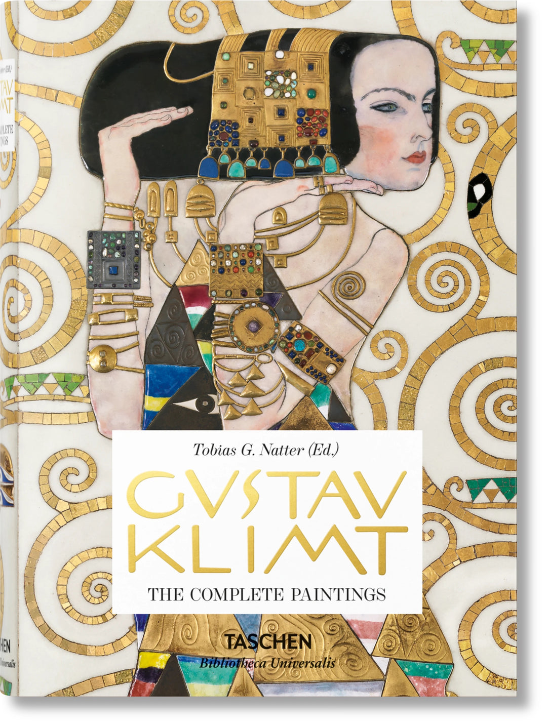Open book showcasing Gustav Klimt's complete paintings collection, highlighting colorful art and detailed illustrations.