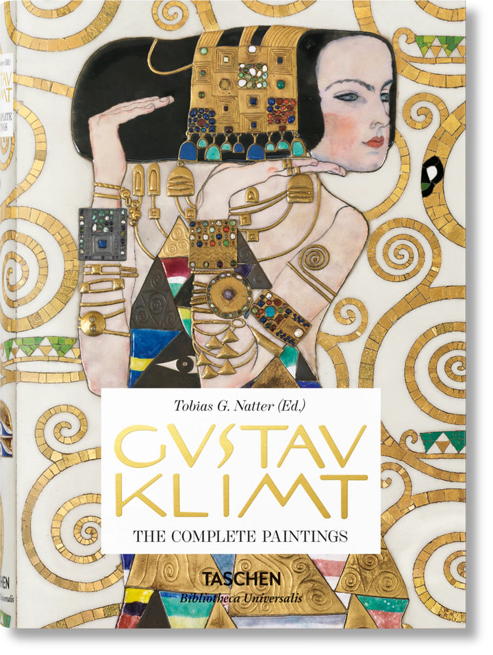 Open book showcasing Gustav Klimt's complete paintings collection, highlighting colorful art and detailed illustrations.