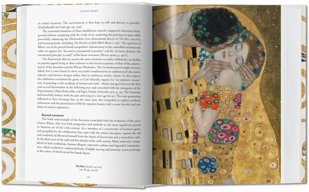 Open book showcasing Gustav Klimt's paintings, featuring colorful artwork and detailed illustrations from the "Complete Paintings" collection.