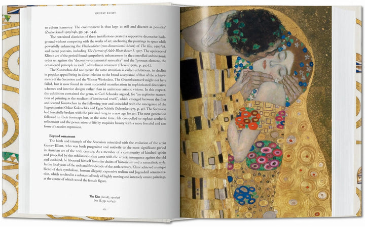 Open book showcasing Gustav Klimt's paintings, featuring colorful artwork and detailed illustrations from the "Complete Paintings" collection.