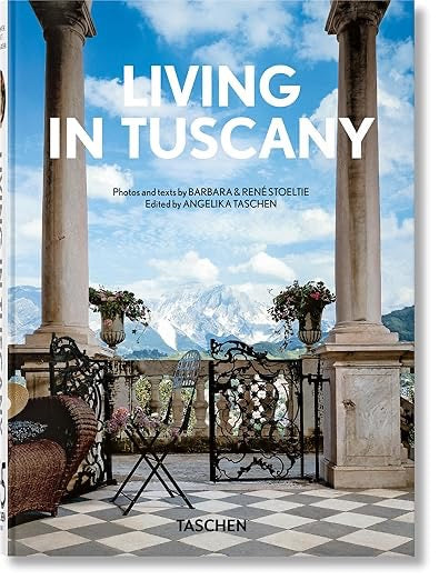 Ingram Living in Tuscany book with a scenic home interior photo showcasing rustic decor and warm, inviting atmosphere.