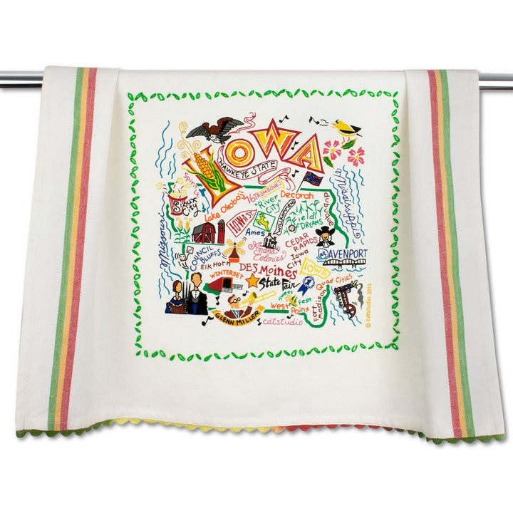 Catstudio Iowa geography dish towel featuring a colorful map design, perfect for home kitchen decor and practical use.
