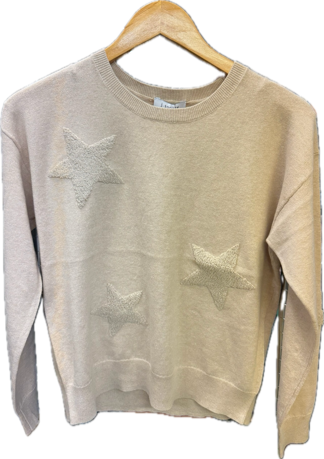 J Society Latte Star Crew Sweater, a cozy knit top with star pattern, featuring a relaxed fit and soft fabric.