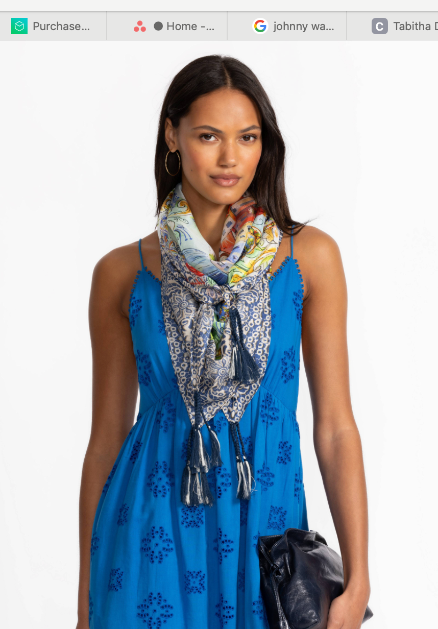 Johnny Was Christy scarf in vibrant, patterned fabric, showcasing intricate designs and soft, flowing material for stylish accessories.