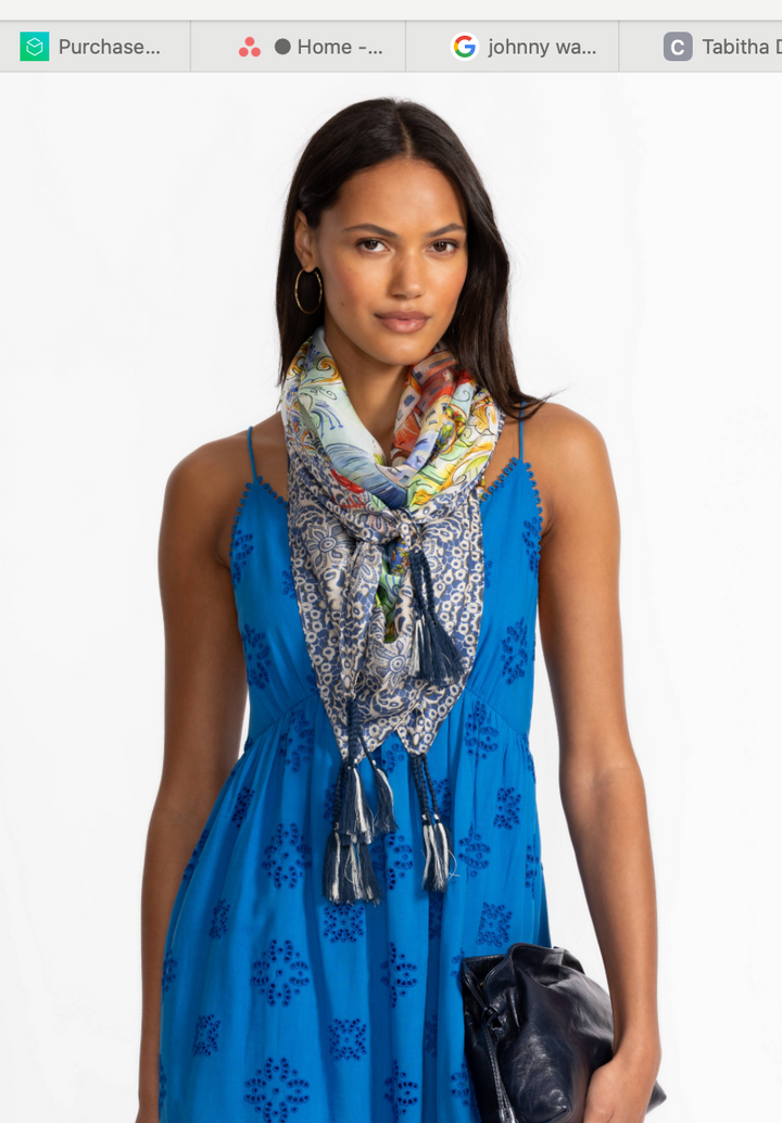 Johnny Was Christy scarf in vibrant, patterned fabric, showcasing intricate designs and soft, flowing material for stylish accessories.