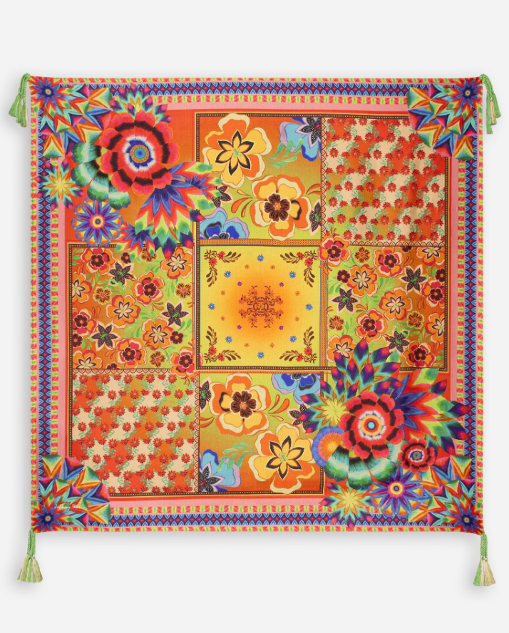 Elegant Johnny Was scarf with vibrant patterns, showcasing silky fabric and intricate design, perfect as a stylish accessories piece.