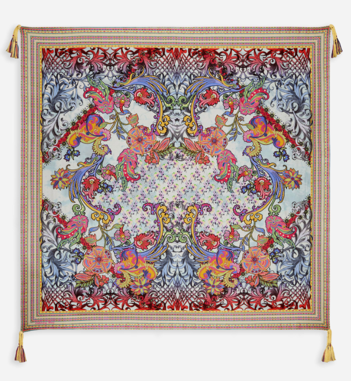 Colorful Johnny Was scarf with floral patterns, styled as a versatile accessory, showcasing intricate fabric design.