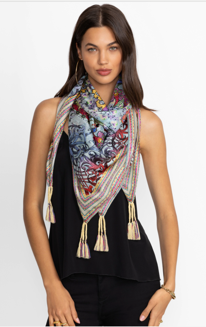 Colorful Johnny Was scarf with floral patterns, showcasing soft fabric and stylish accessory design.