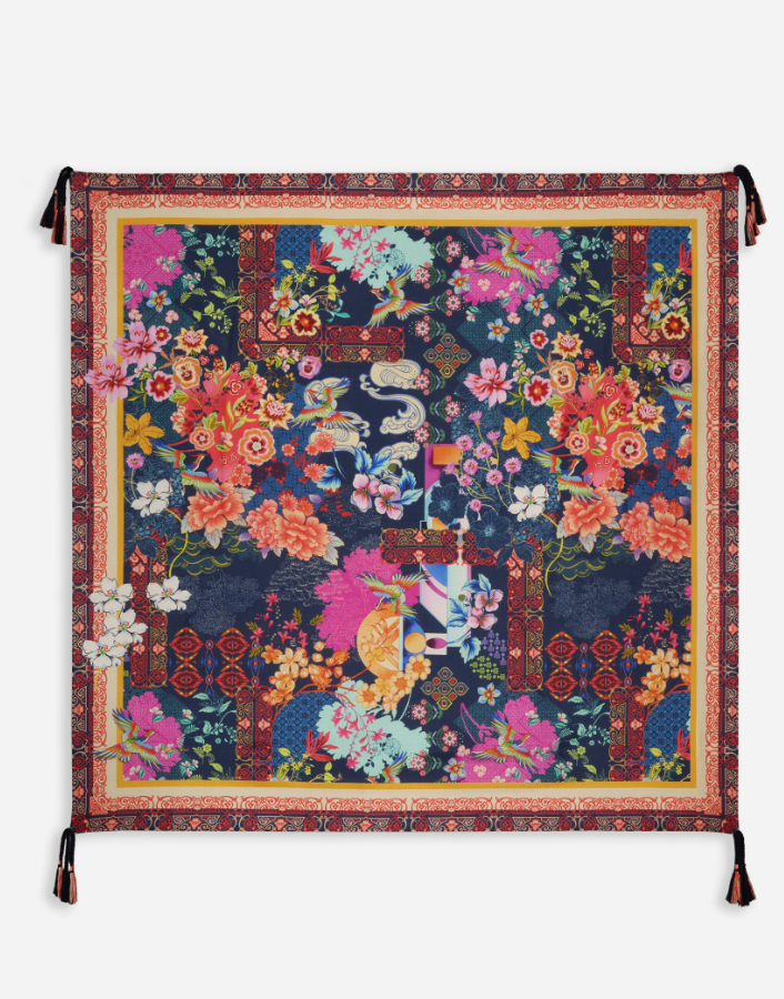 Colorful Johnny Was scarf with intricate floral patterns, showcasing soft fabric and stylish accessory design.