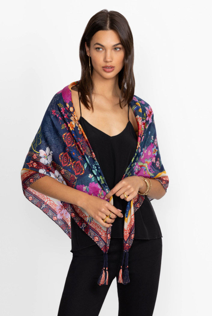 Colorful Johnny Was scarf with intricate patterns, styled as a versatile accessories piece.