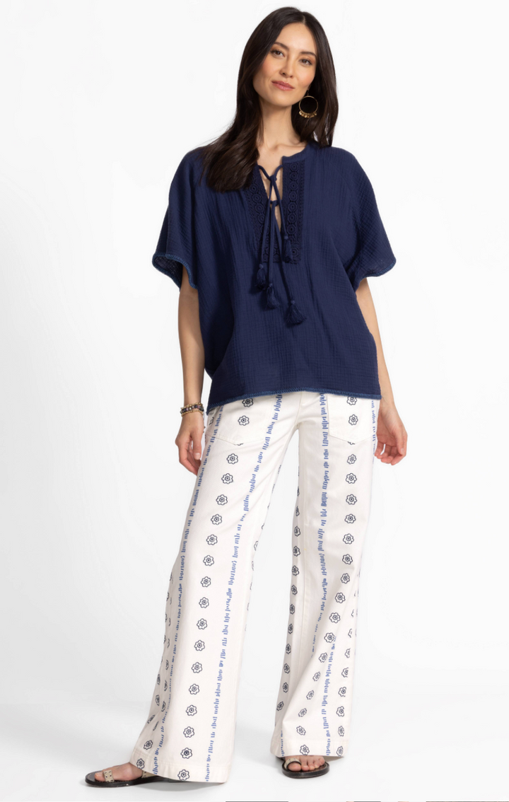 Wide leg embroidered trousers from Johnny Was, featuring intricate floral embroidery and relaxed fit for stylish comfort.