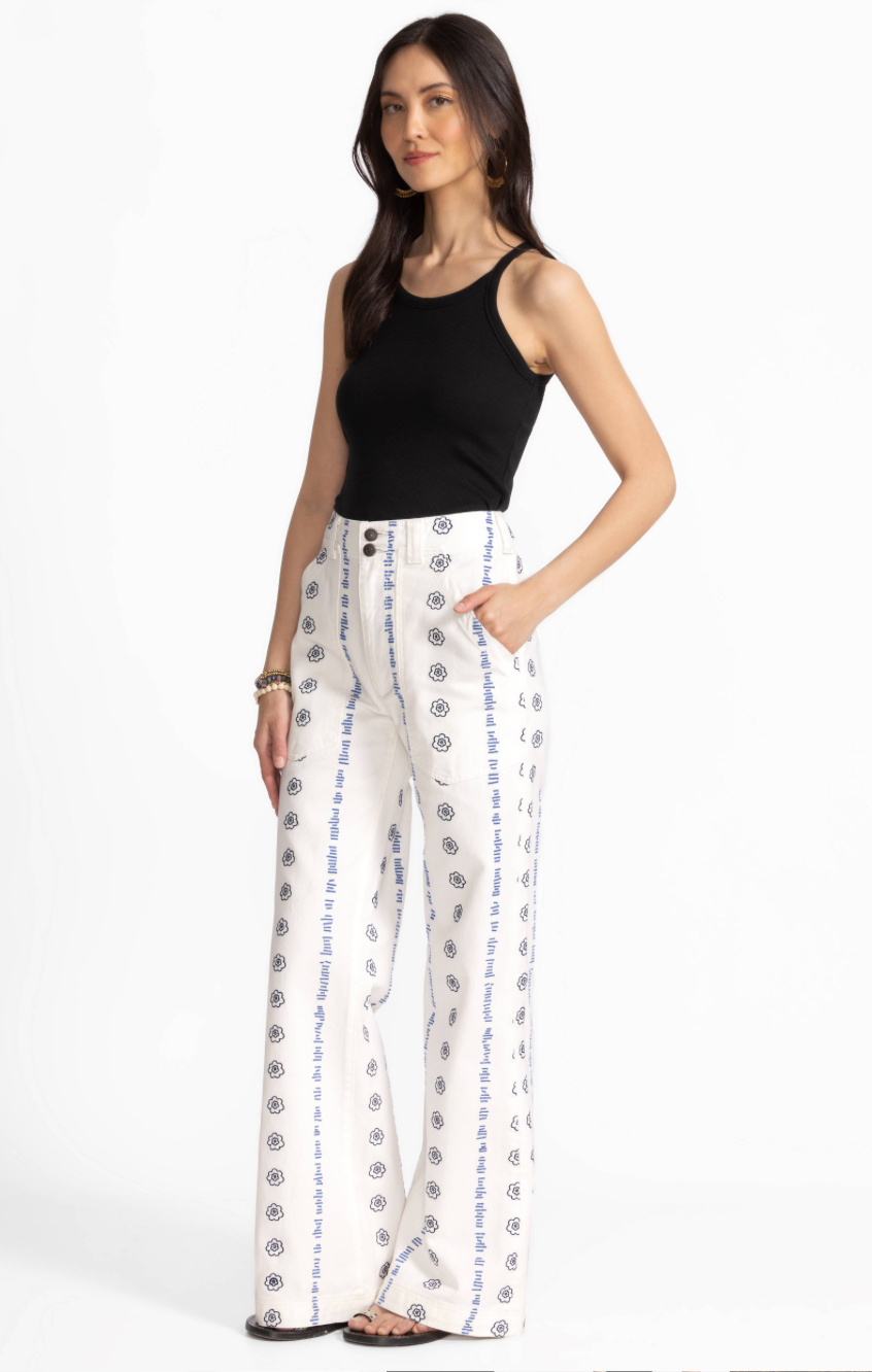 Wide leg embroidered trouser from Johnny Was, stylish bottoms with intricate embroidery and relaxed fit.