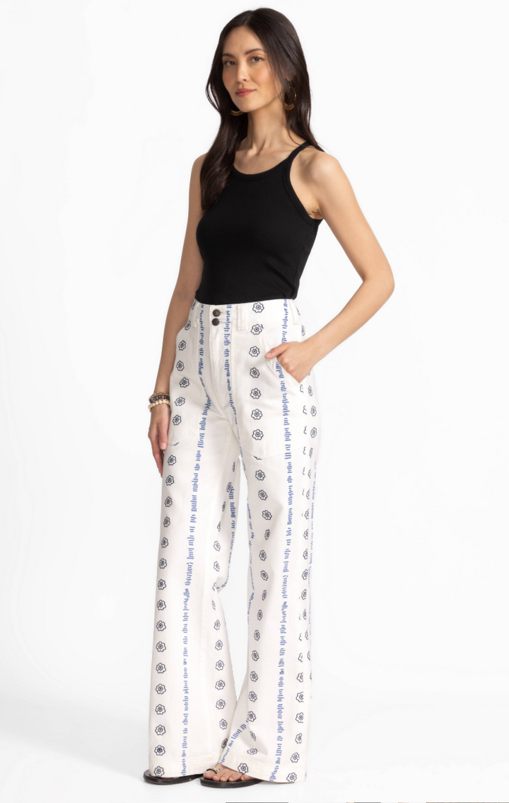 Wide leg embroidered trouser from Johnny Was, stylish bottoms with intricate embroidery and relaxed fit.