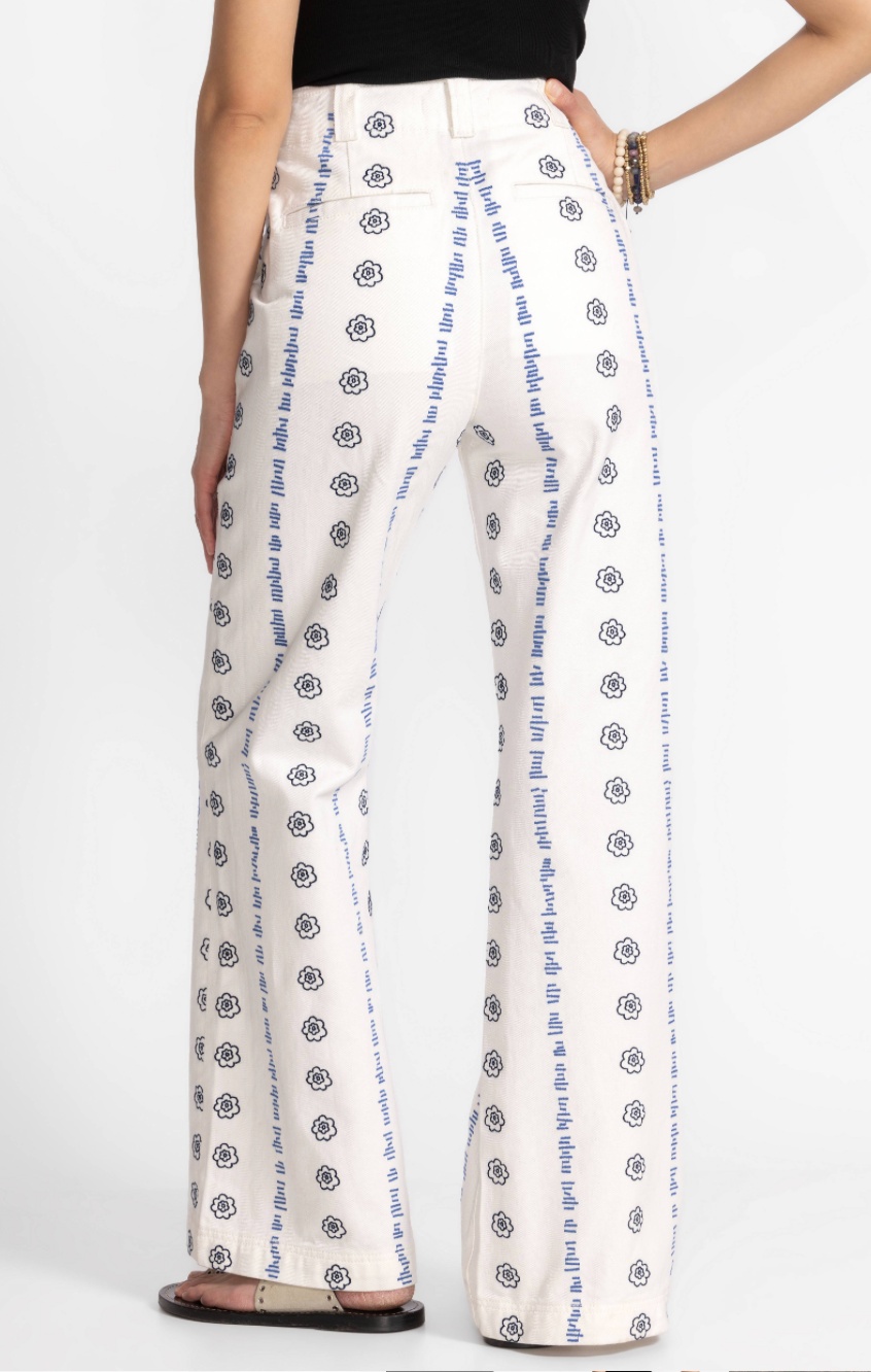 Wide leg embroidered trouser from Johnny Was featuring intricate embroidery and flowing wide-leg design, styled as trendy bottoms.