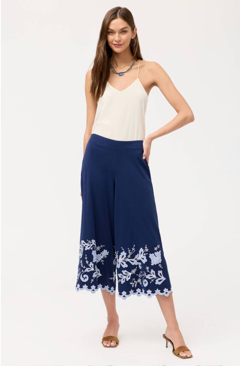 Navy Addeline Knit bottoms by Johnny Was, featuring a comfortable fit and stylish knit fabric, shown in a product image.