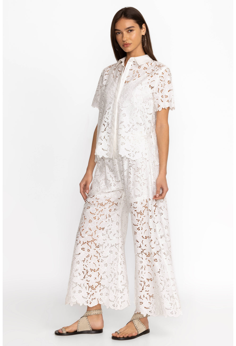 White Kitt Lace Easy Pant by Johnny Was, stylish bottoms with lace detail, comfortable fit, perfect for casual or dressy outfits.