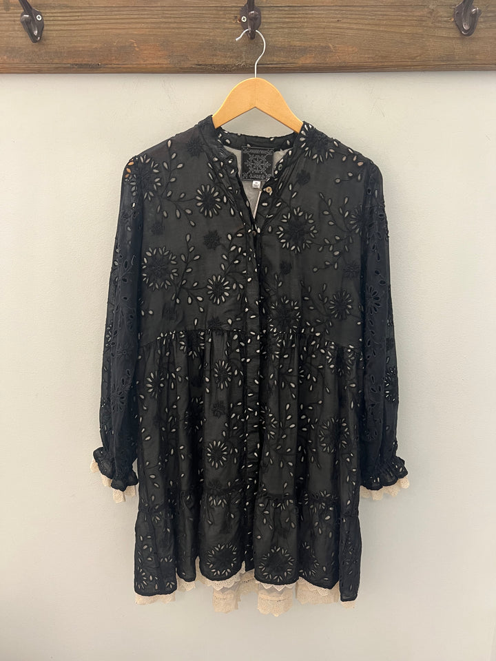 Skygazer silk mini dress by Johnny Was featuring a flowing silhouette and intricate pattern in soft, elegant fabric.