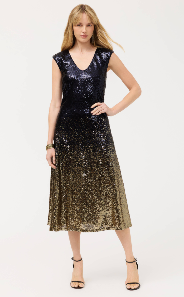 Johnny Was Selya Sequin Midi Dress with shimmering sequins, sleeveless design, and elegant fit for special occasions.
