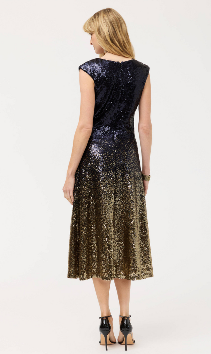 Yellow Johnny Was Selya Sequin Midi Dress with long sleeves and intricate sequin detailing on a mannequin.