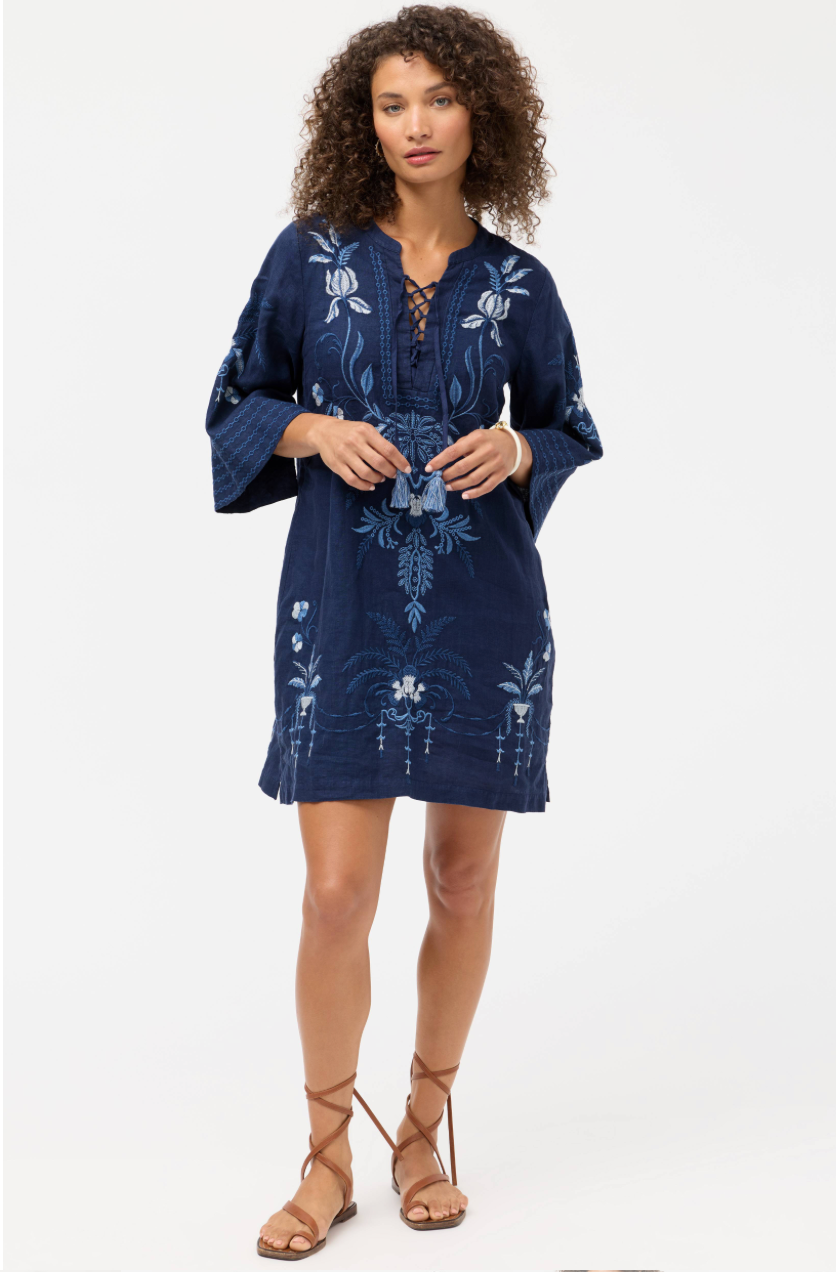 Johnny Was tie-front kimono dress with floral pattern, lightweight fabric, long sleeves, and relaxed fit for casual or dressy occasions.