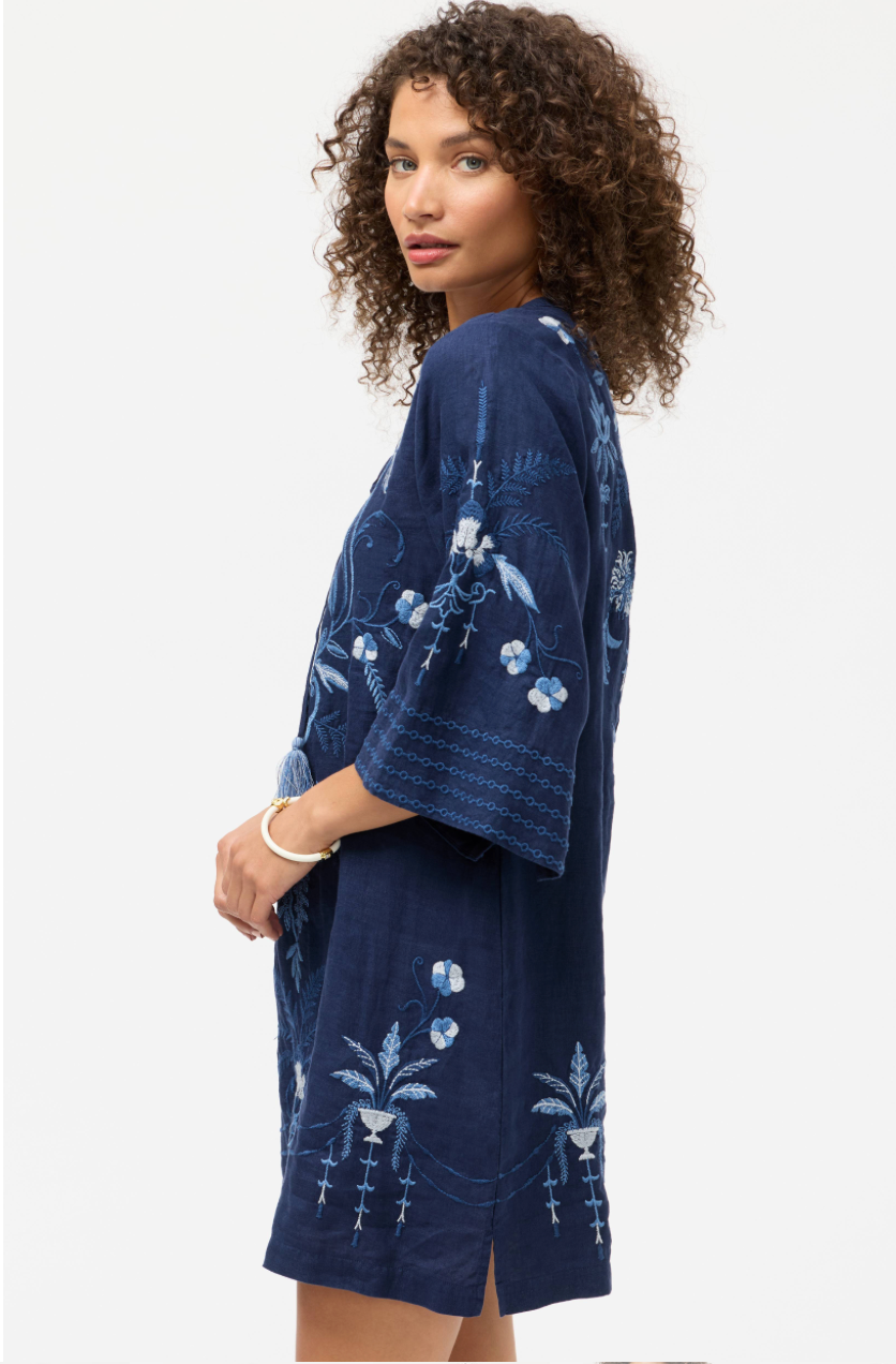 Johnny Was tie-front kimono dress featuring flowy fabric, long sleeves, and a relaxed fit, perfect for casual and semi-formal wear.