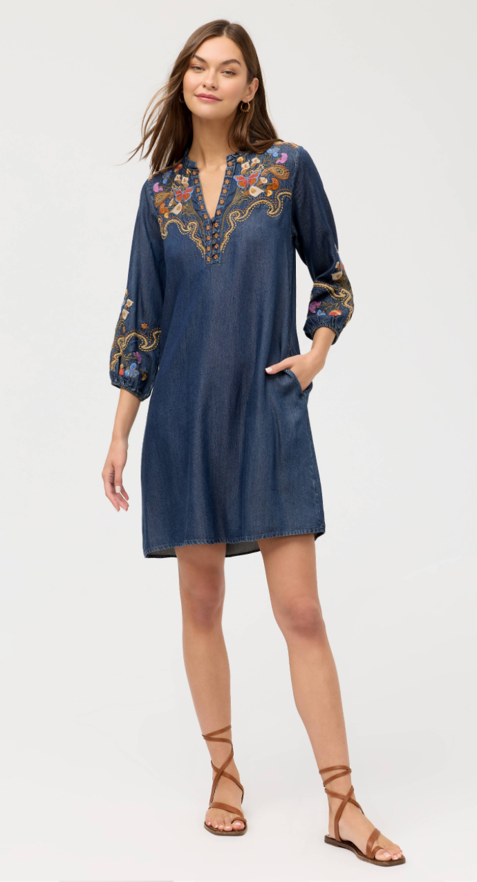 Johnny Was Durago Ruffle Field Dress showing a flowy, floral-printed dress with ruffle details and a relaxed fit.