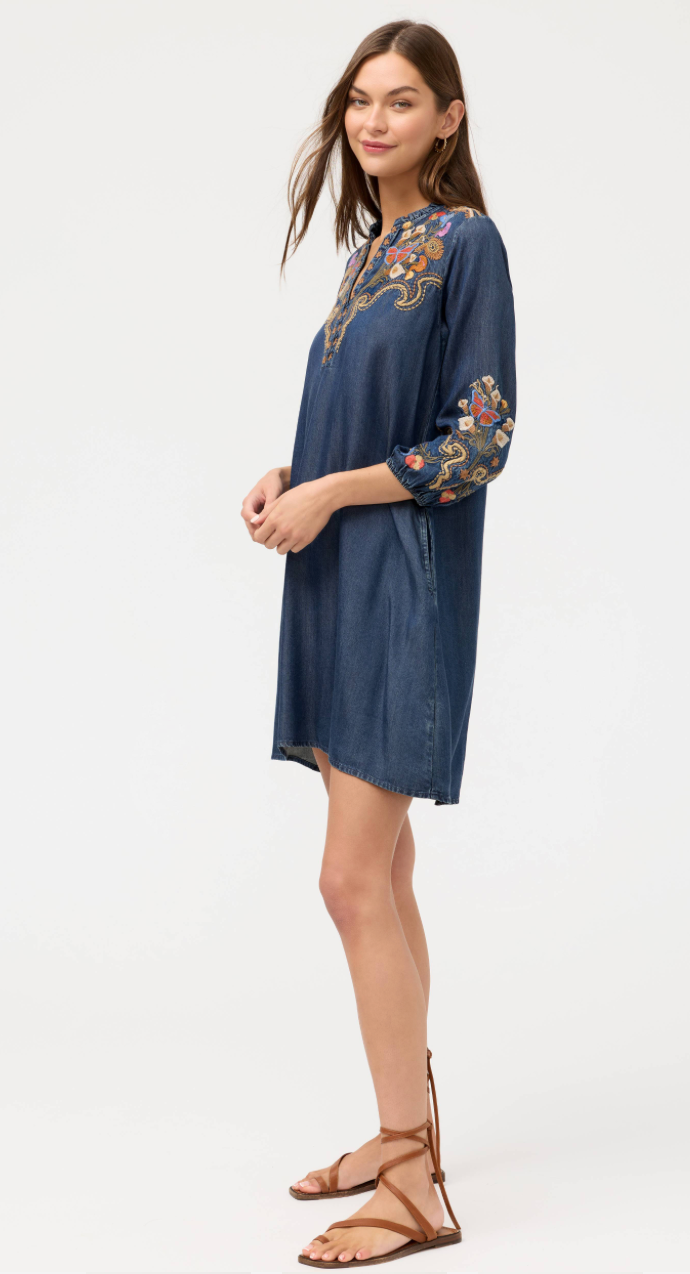 Johnny Was Durago Ruffle Field Dress featuring a flowy fabric, ruffle details, and a stylish bohemian design.