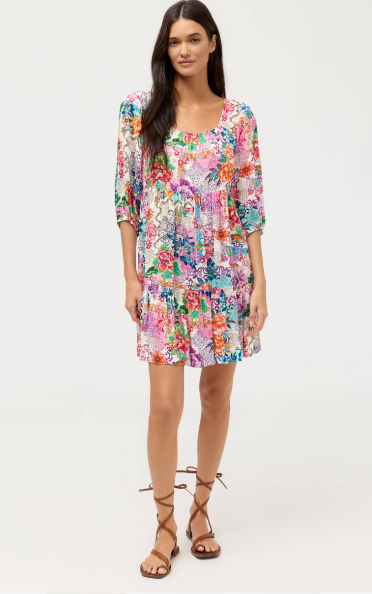 Johnny Was Roseum Tier Mini Dress featuring floral tiers, lightweight fabric, and a stylish, feminine design perfect for summer wear.