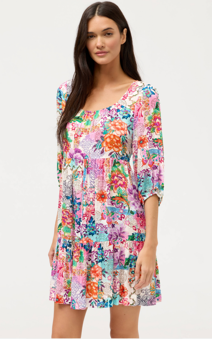 Johnny Was Roseum Tier Mini Dress with floral pattern and ruffled layers, stylish and lightweight for casual or summer wear.