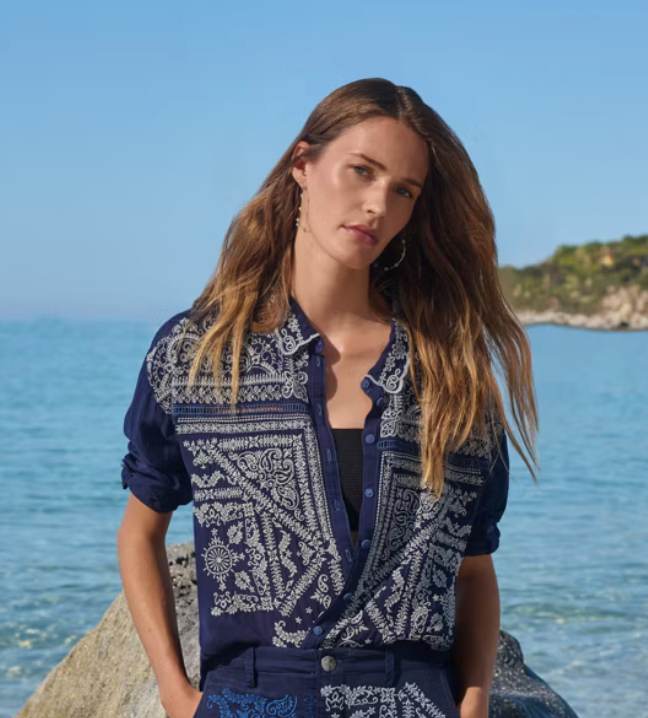 Slim Audrey collar shirt by Johnny Was, shown in a home setting, featuring a classic collar and stylish design.