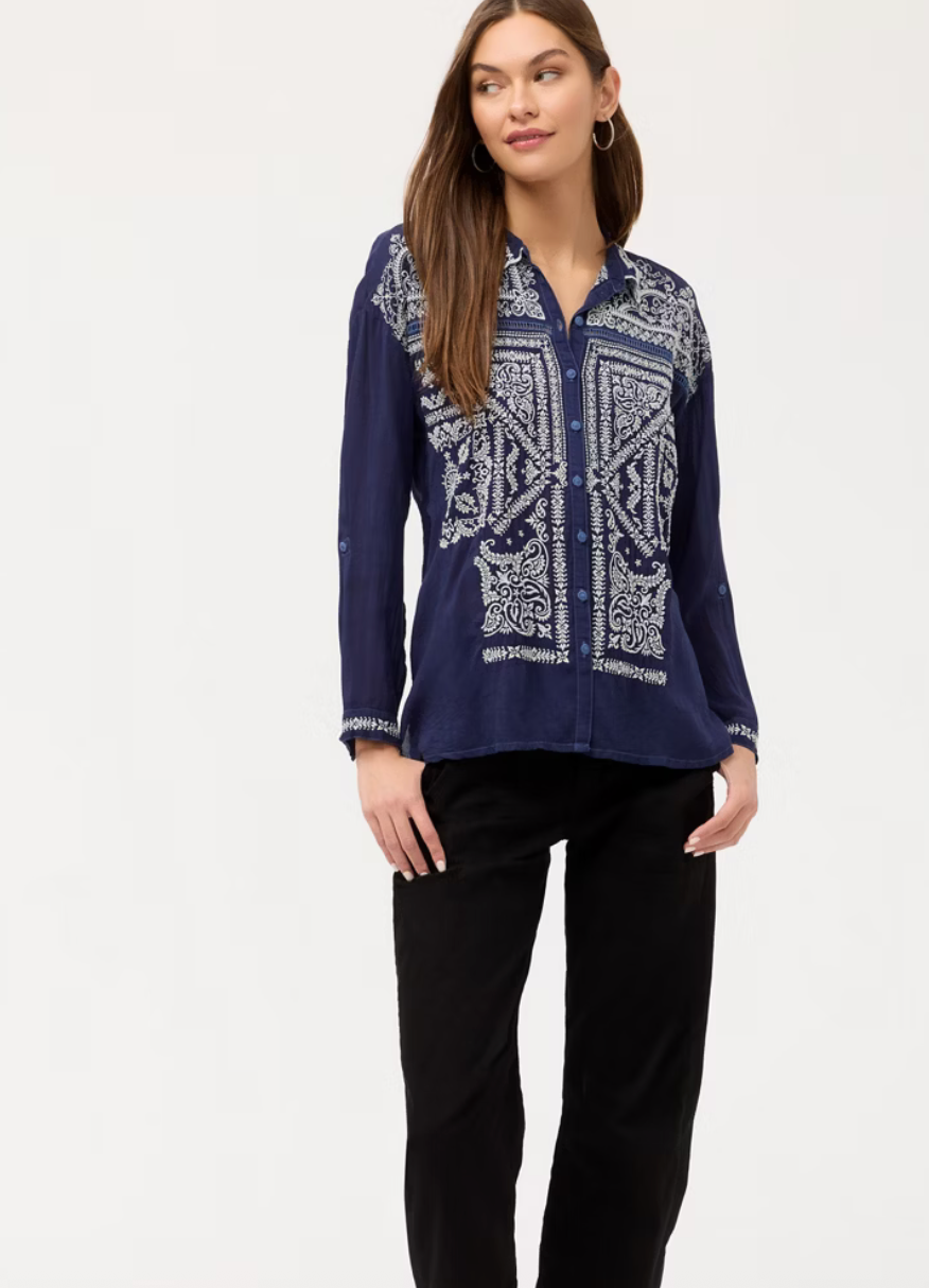 Johnny Was Slim Audrey Collar Shirt, home wear, featuring a sleek design with a classic collar and elegant details.