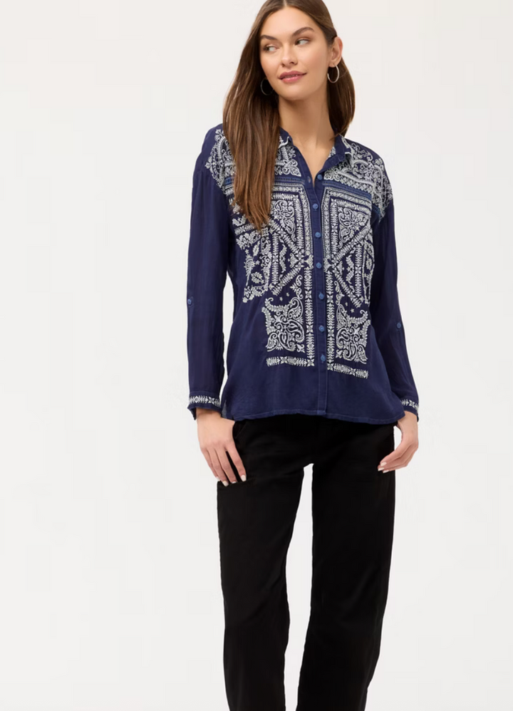Johnny Was Slim Audrey Collar Shirt, home wear, featuring a sleek design with a classic collar and elegant details.