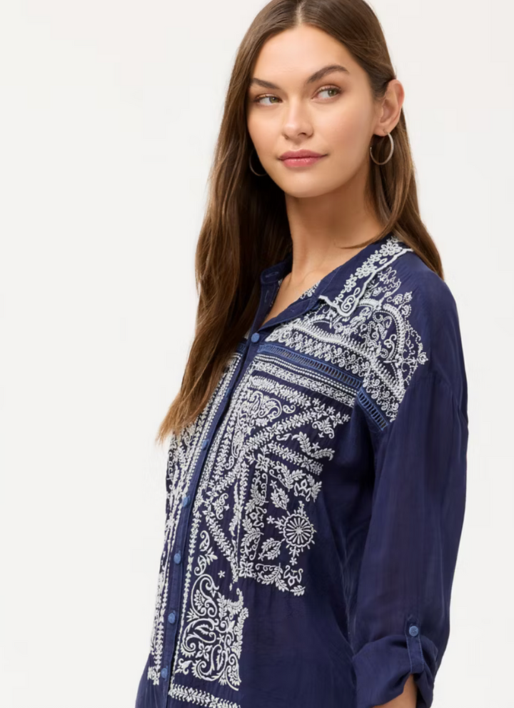 Slim Audrey collar shirt by Johnny Was, tailored fit, featuring a classic collar and button-down front, suitable for home wear.