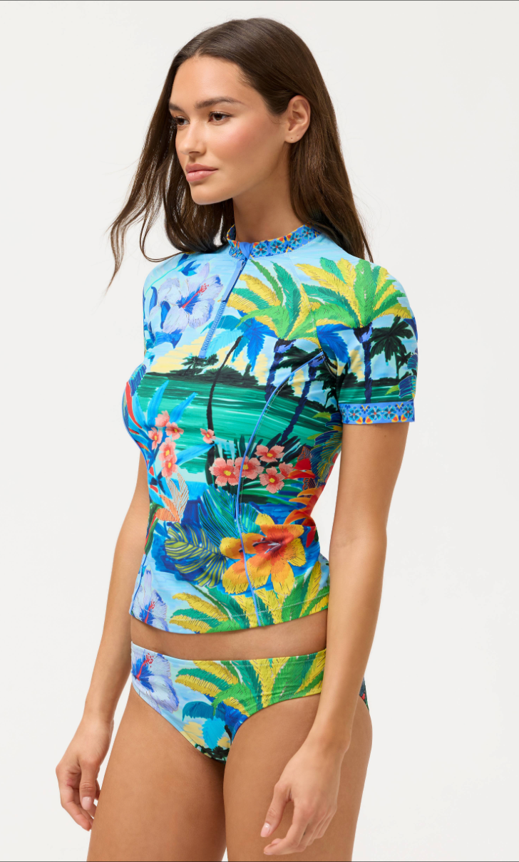 Johnny Was Paradis short sleeve surfshirt loungewear with a colorful, patterned design and relaxed fit in a casual setting.