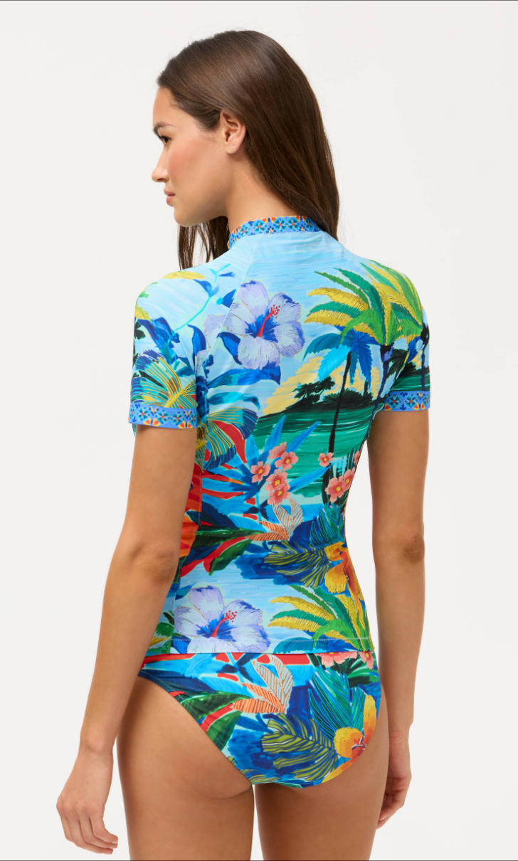 Johnny Was Paradis short sleeve surfshirt, lightweight loungewear with a vibrant floral pattern and relaxed fit, perfect for casual wear.
