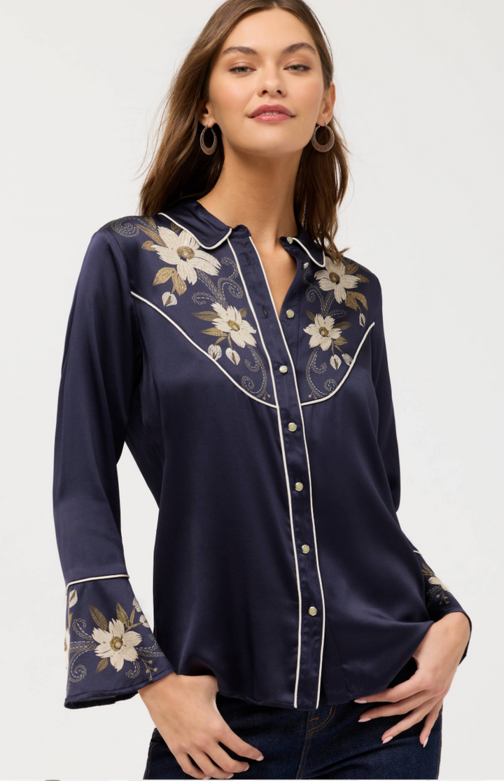 Johnny Was Corinthe Flutter Blouse showing lightweight, flowy fabric with flutter sleeves and intricate pattern details.