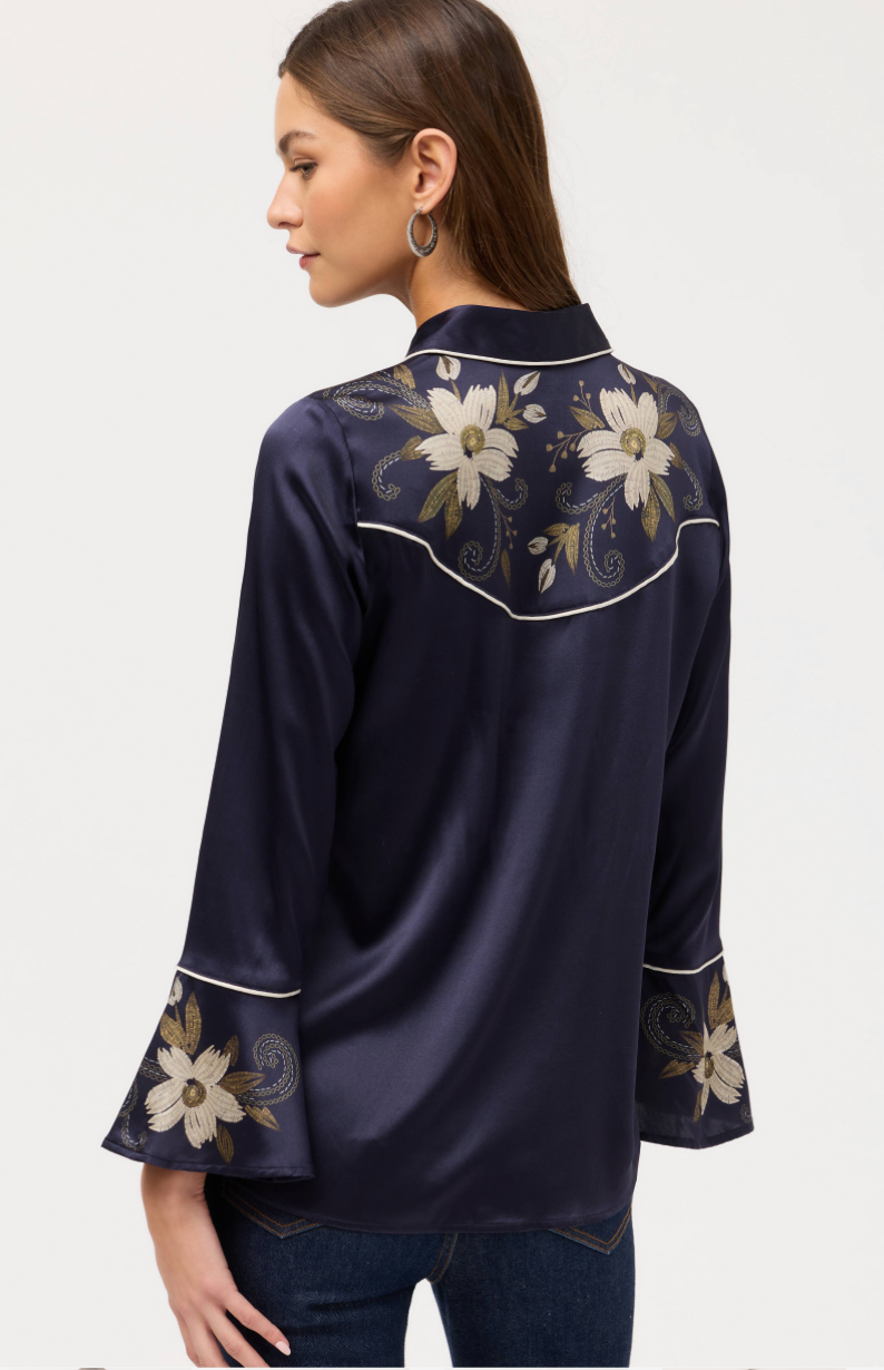 Johnny Was Corinthe Flutter Blouse, a stylish women's top with flutter sleeves and intricate embroidery details.