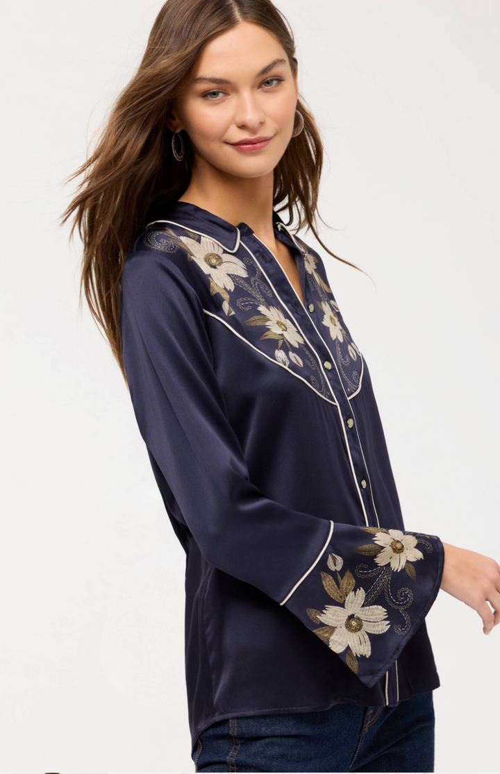 Johnny Was Corinthe Flutter Blouse, women’s tops with ruffled details and floral print, shown in a casual style on a model.