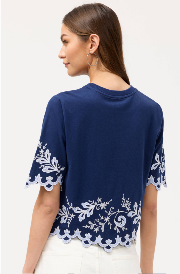 Johnny Was Addeline elbow sleeve T-shirt, casual tops with a relaxed fit and stylish design, shown in a screenshot.