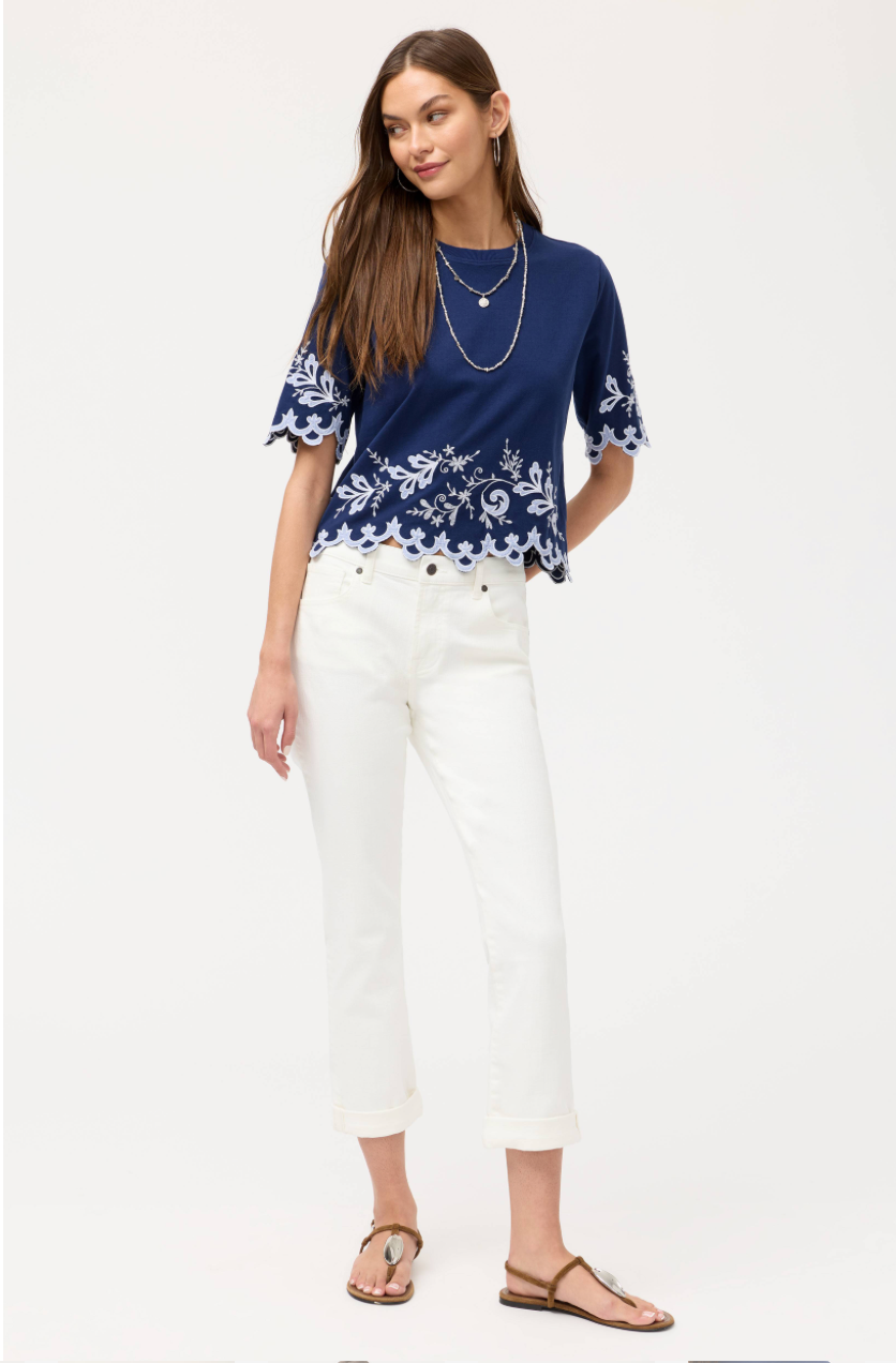 Johnny Was Addeline Elbow Sleeve T-Shirt featuring a relaxed fit, soft fabric, and stylish elbow-length sleeves.