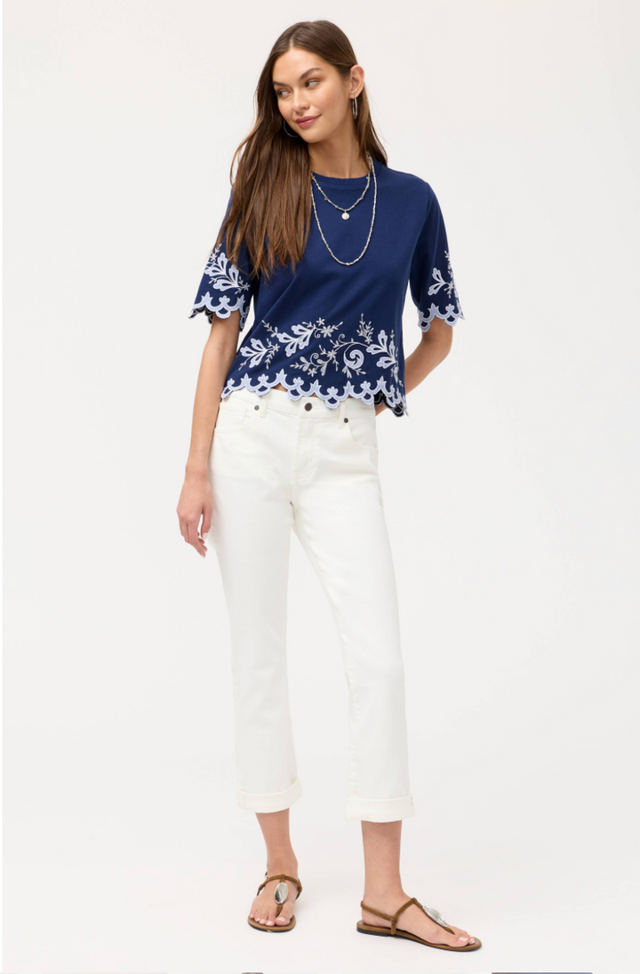 Johnny Was Addeline Elbow Sleeve T-Shirt featuring a relaxed fit, soft fabric, and stylish elbow-length sleeves.