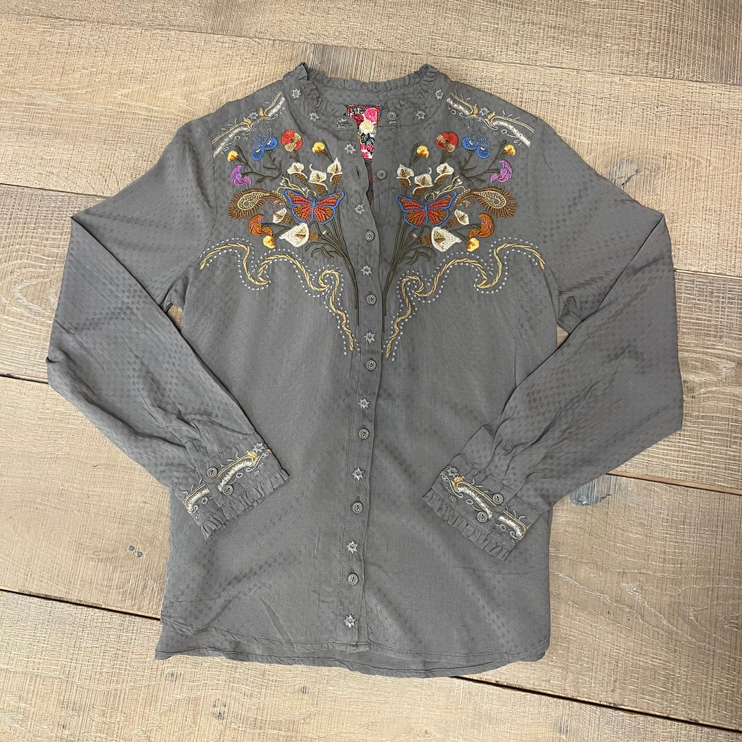 Johnny Was Ruffle Durago Blouse, stylish women's tops with ruffle details and intricate embroidery, displayed on a model.