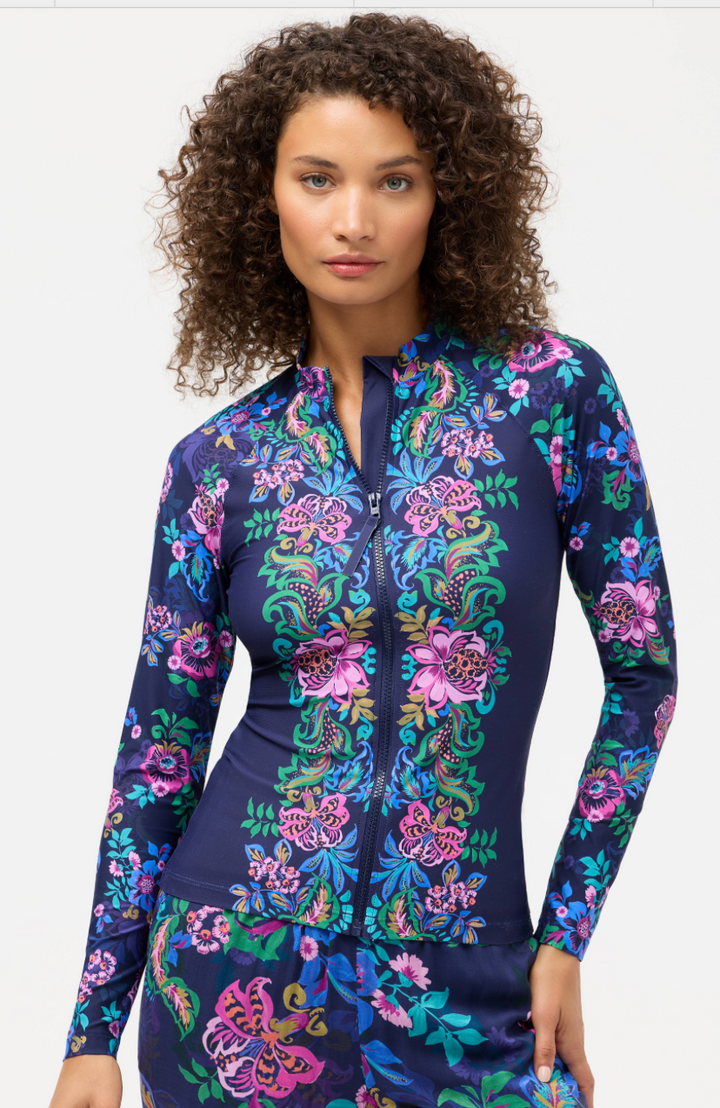 Johnny Was Melia Navy Surf Shirt, a stylish navy tops design with a relaxed fit and ocean-inspired pattern.